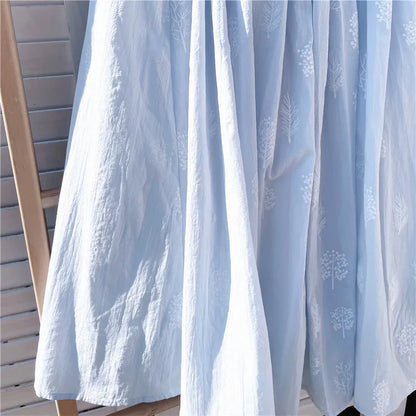 Cotton Linen Blue Midi Pleated Skirt, Fashion Print Skirts For Woman 2025 Summer