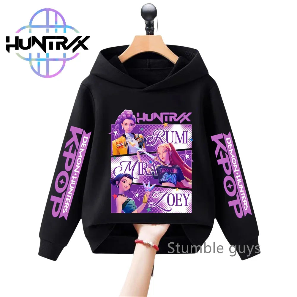 Felpa con cappuccio a maniche lunghe per bambini con stampa anime autunnale KPop Demon Hunters, abbigliamento sportivo, vestiti casual per ragazzi e ragazze.
