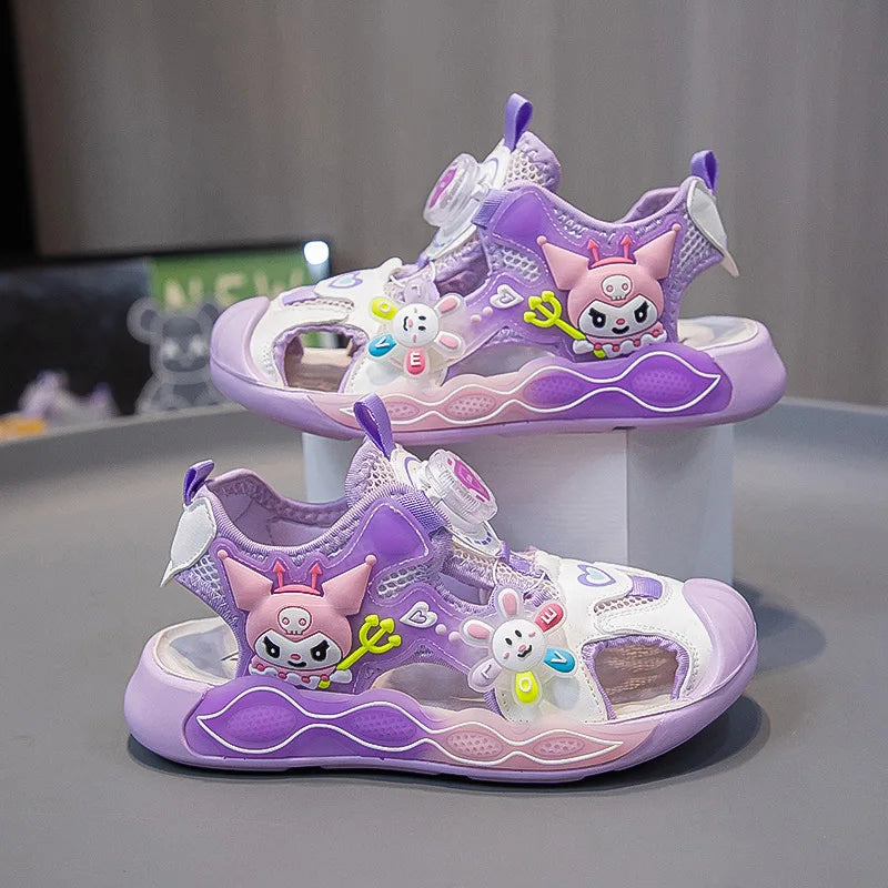 Sandali da bambina in pelle sintetica PU con stampa a cartoni animati, estivi, alla moda, con suola piatta, traspiranti e antiscivolo, rosa e viola, taglie 26-37.
