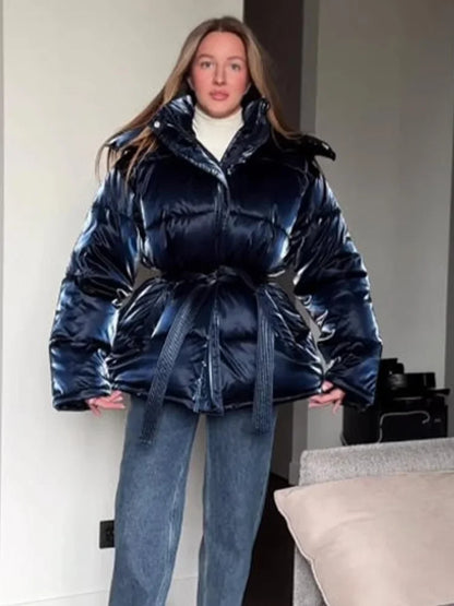 2026 Winter Shiny Hooded Cotton Jacket With Belt Women Elegant Long Sleeve Zipper Lace Up Coats Lady Y2K Street Warm Outerwear