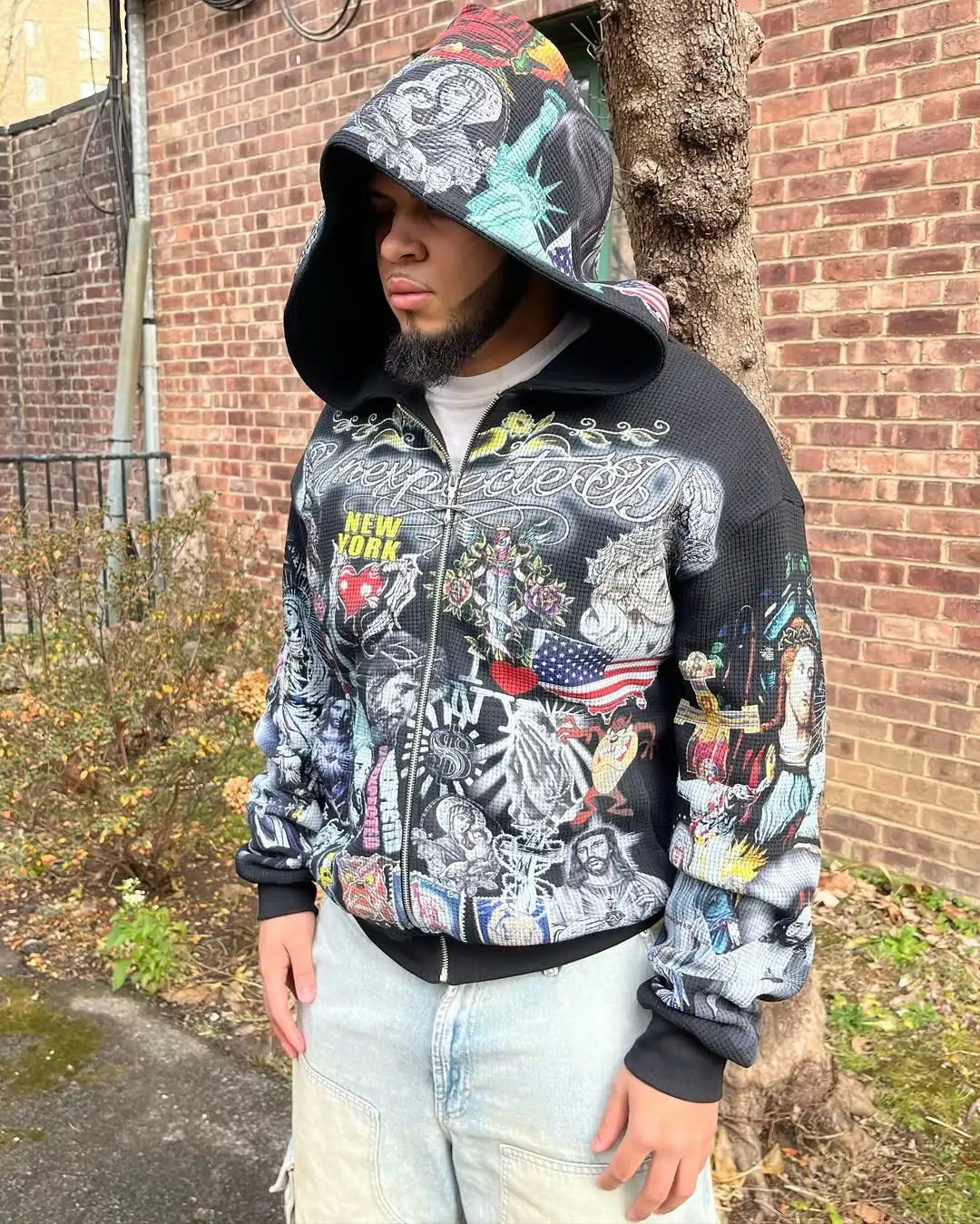 Felpa con cappuccio e zip da uomo in stile punk, fantasia multicolore, stile gotico waffle, capospalla street fashion, vestibilità ampia, taglie forti.