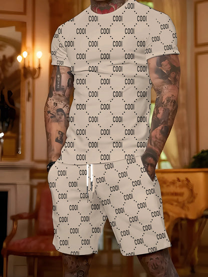 Completo versatile per ragazzi, ideale per tutti i giorni: t-shirt e pantaloncini con stampa accattivante blu e bianca, comodo set a due pezzi perfetto per uscire.