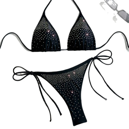 2025 New Fashion Sexy Bikini Set Rhinestone Embroidery Women's Knot Design Two-Piece Swimsuit Pure Color Running Dance Swimming