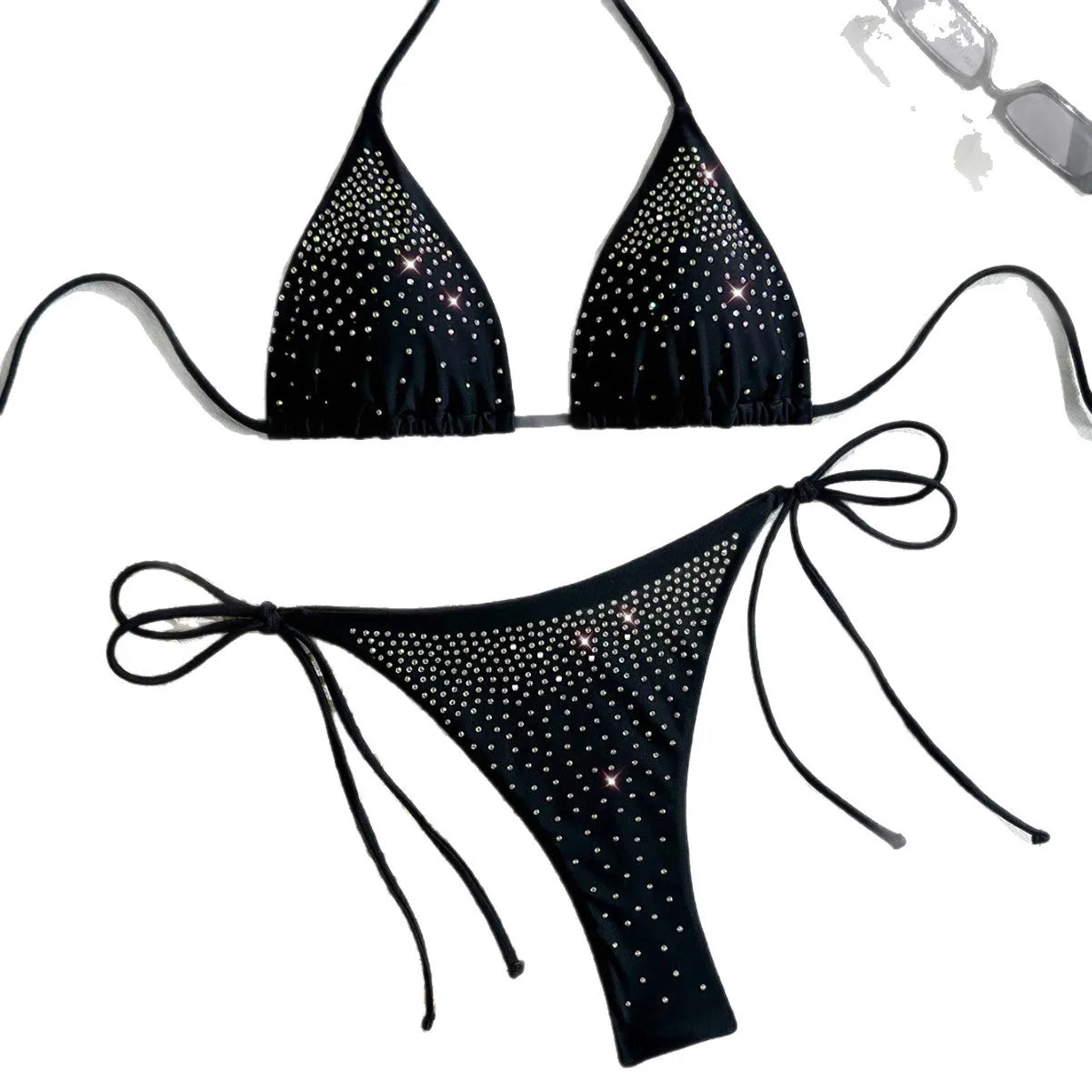 2025 Nuovo set bikini sexy alla moda con ricami di strass, costume da bagno a due pezzi da donna con design a nodo, tinta unita, ideale per corsa, ballo e nuoto.