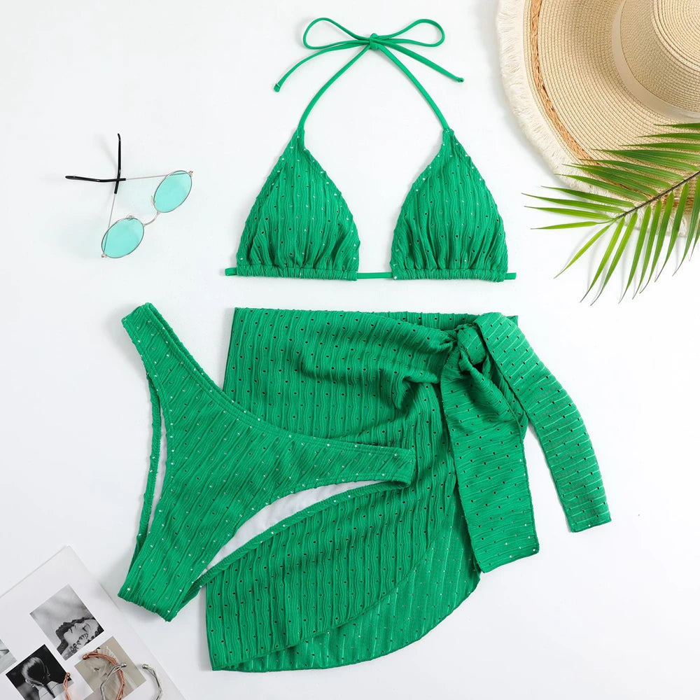 Bikini estivo 2025 a 3 pezzi con allacciatura al collo, costume da bagno sexy a perizoma in materiale speciale con gonna pareo, bianco/nero/rosa/verde, abbigliamento da spiaggia.