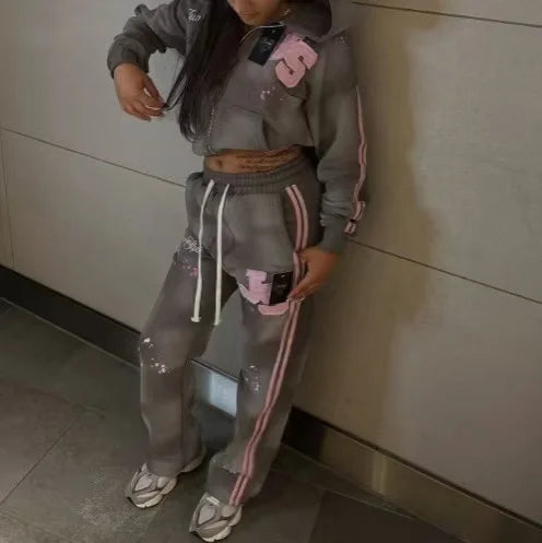 New Fashion Pink Letter Gradient Light Grey Classic Sports Outdoor Set for Men and Women Gothic Hip-Hop Zipper Hoodie and Pants