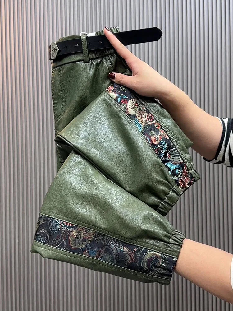 Pantaloni in pelle a vita alta da donna per autunno/inverno, modello ampio e aderente, stile cinese, gamba dritta, pantaloni casual in ecopelle.