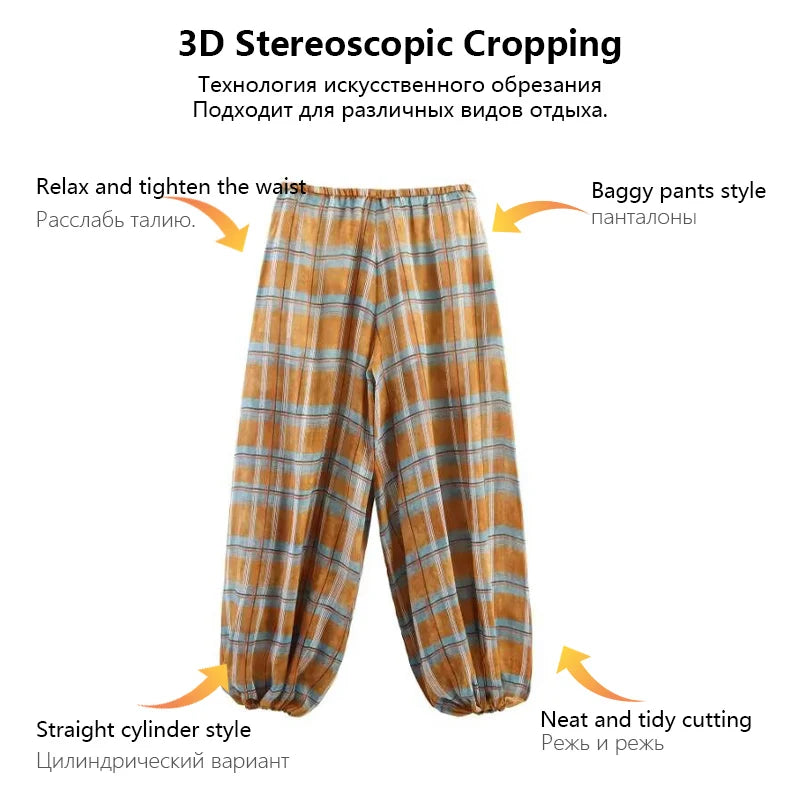 Trendy Plaid Lantern Drawstring Casual Pants Loose Fit With Drawstring Versatile Womens Everyday Workwear Pants Trafizaran