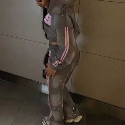 New Fashion Pink Letter Gradient Light Grey Classic Sports Outdoor Set for Men and Women Gothic Hip-Hop Zipper Hoodie and Pants