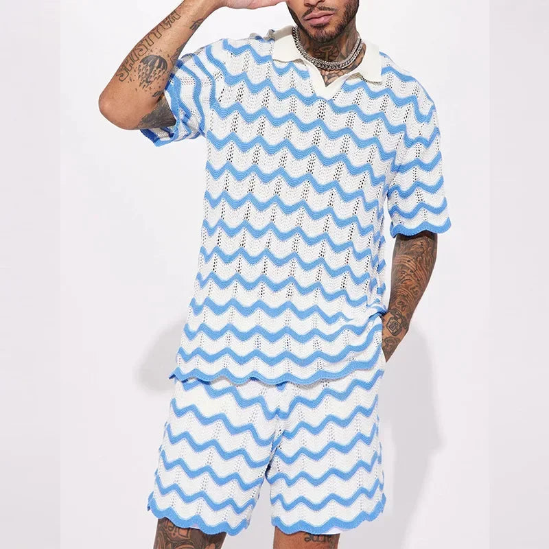 Completo estivo da uomo 2023, nuovo set composto da camicia e pantaloncini in maglia con stampa alla moda, due pezzi, abbigliamento sportivo e casual da uomo.