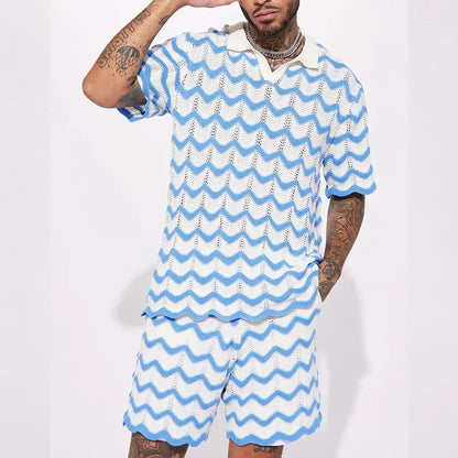 Completo estivo da uomo 2023, nuovo set composto da camicia e pantaloncini in maglia con stampa alla moda, due pezzi, abbigliamento sportivo e casual da uomo.