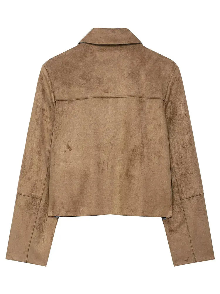 HH Women Vintage Solid Suede Coat Lapel Single Breasted Long Sleeve Jacket With Pockets Autumn Casual Outwear Short Jackets