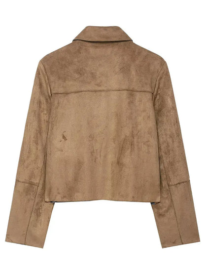HH Women Vintage Solid Suede Coat Lapel Single Breasted Long Sleeve Jacket With Pockets Autumn Casual Outwear Short Jackets