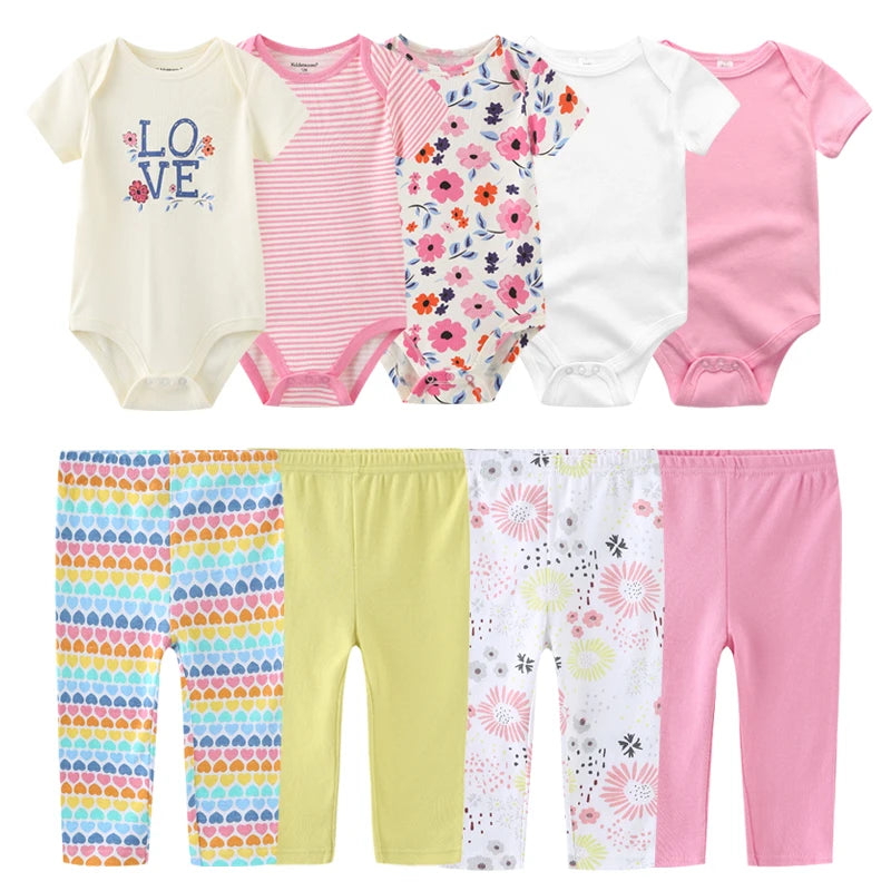 Abbigliamento unisex per neonati in cotone, 6/9/10 pezzi, body e pantaloni, maniche corte, per neonati maschietti.