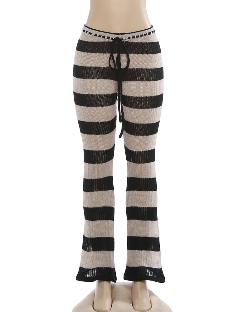 Nibber Autumn Trend Long Pants Woman Stripe Patchwork Crochet Shirring Elastic High Waist Skinny Peach Hip Street Style Bottoms