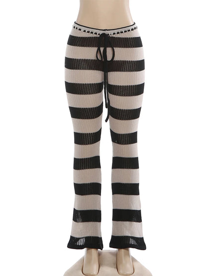 Nibber Autumn Trend Long Pants Woman Stripe Patchwork Crochet Shirring Elastic High Waist Skinny Peach Hip Street Style Bottoms