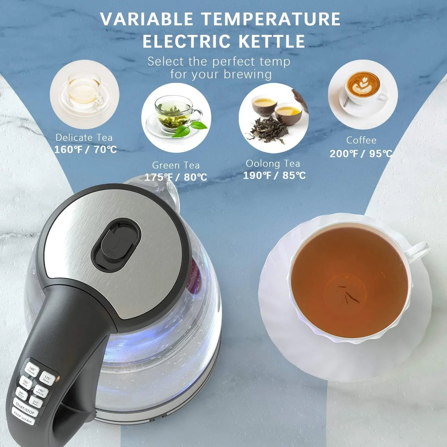 Bollitore elettrico in vetro DEVISIB, 2200W, ebollizione rapida, controllo della temperatura, mantenimento in caldo per 4 ore, 2,0 litri, ideale anche come bollitore per tè e acqua calda.