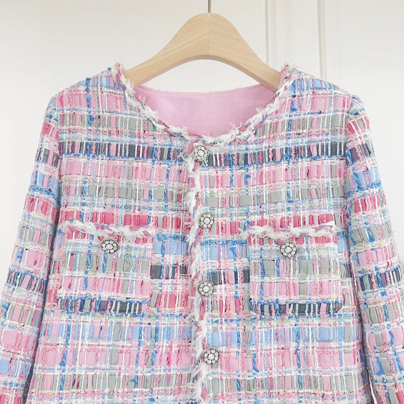 Piccola fragranza Giacca di lusso di alta qualità Donna Moda Dolce Tweed Scollo rotondo Fibbia a diamante Cappotto da ufficio francese da signora