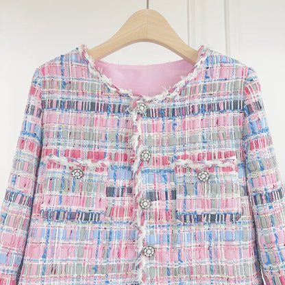 Piccola fragranza Giacca di lusso di alta qualità Donna Moda Dolce Tweed Scollo rotondo Fibbia a diamante Cappotto da ufficio francese da signora