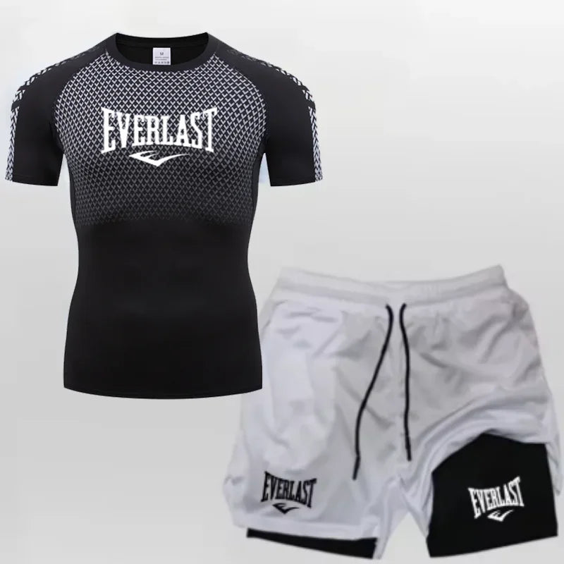 EVERLAST Maglietta a compressione da uomo + pantaloncini sportivi 2 in 1 Set 2 pezzi Tempo libero Traspirante Manica corta Sport Jogging Palestra Abbigliamento di marca Stampa