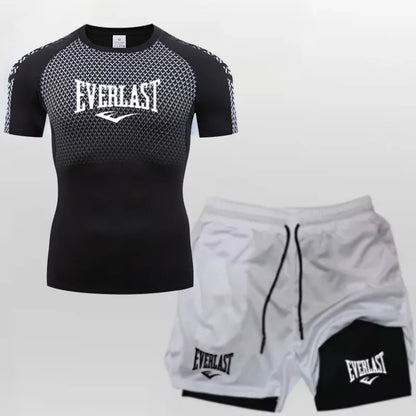 EVERLAST Maglietta a compressione da uomo + pantaloncini sportivi 2 in 1 Set 2 pezzi Tempo libero Traspirante Manica corta Sport Jogging Palestra Abbigliamento di marca Stampa
