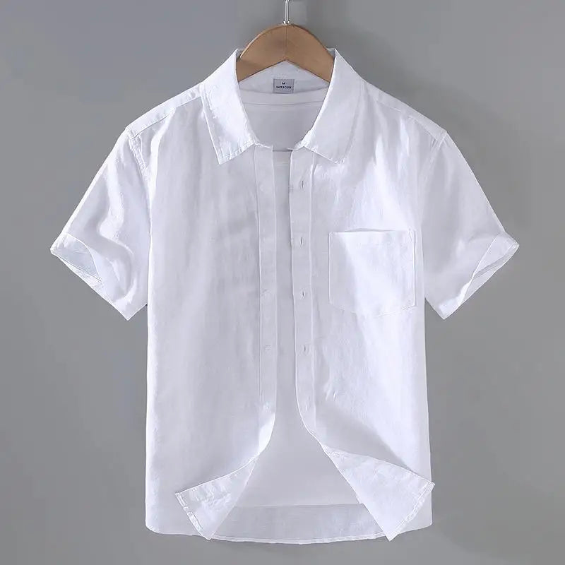 Camicia da uomo in cotone e lino a maniche corte, estiva, stile streetwear, tinta unita, collo alto, casual, stile spiaggia, taglie forti dalla M alla 3XL