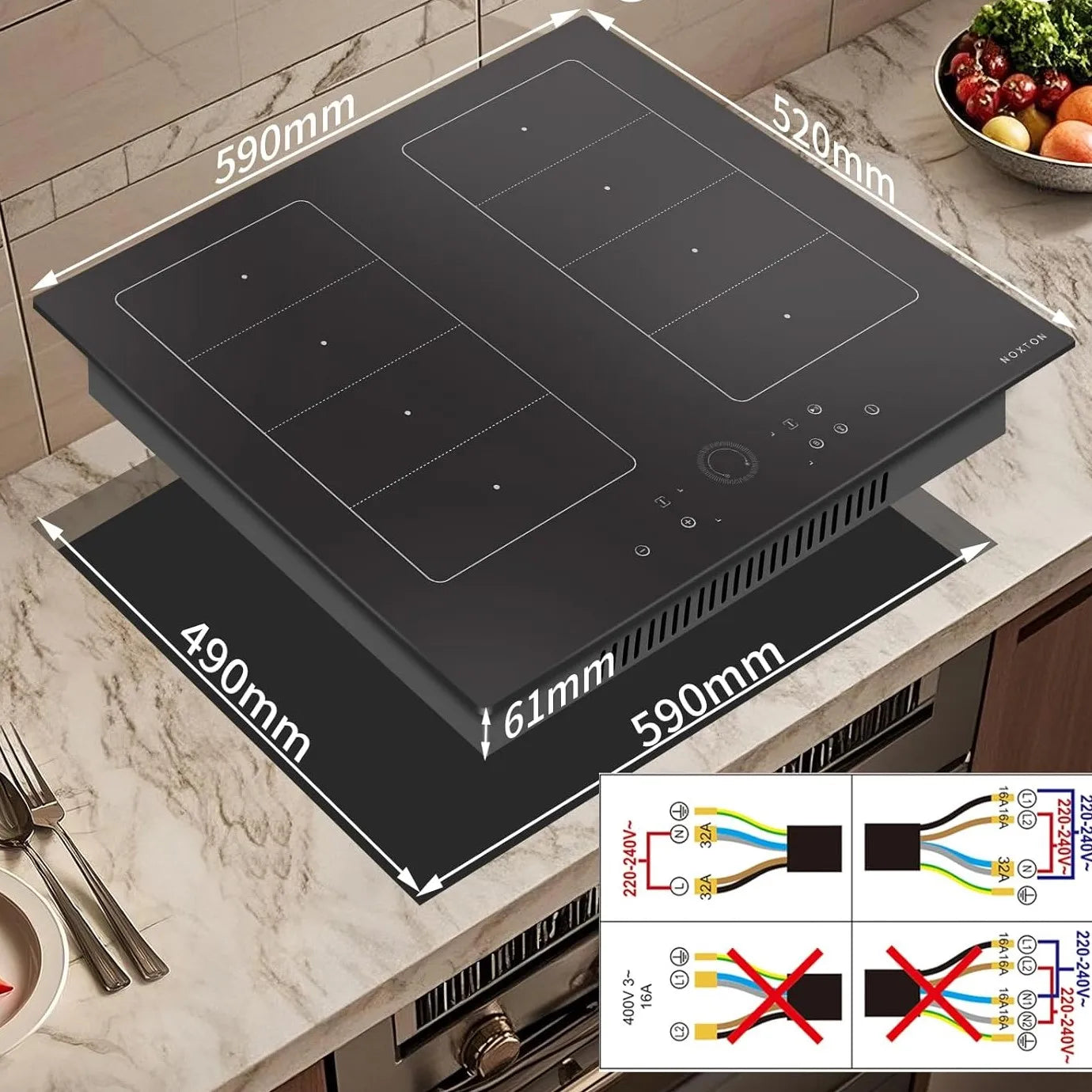 Piano cottura a induzione NOXTON a 4 zone con 2 zone combinate, 60 cm da incasso con booster, timer, blocco di sicurezza, pausa, 230V, 7200W, senza spina