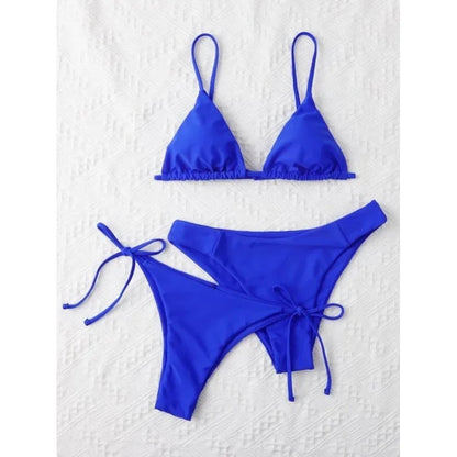 Sexy set bikini a 3 pezzi da donna, tinta unita blu e viola, push-up, a triangolo, costume da bagno brasiliano da spiaggia, costume da bagno bikini