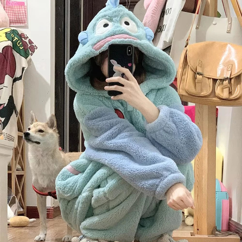 Kawaii Hangyodon Plush Siamese Pajamas Hooded Jumpsuit Pajamas Sanrioed Anime Cartoon Coral Velvet Homewear Thickened Nightgown