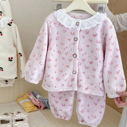 Completo pigiama invernale per bambina, 2 pezzi, caldo pile con bordo in pizzo, maglia a maniche lunghe e pantaloni, grazioso completo per la casa, abbigliamento casual per Natale