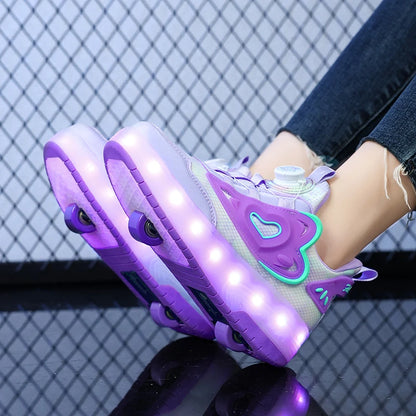Scarpe da ginnastica luminose per bambine con ruote, tacco rosa con luci LED, pattini a rotelle, scarpe LED per bambini con ricarica USB, alla moda.