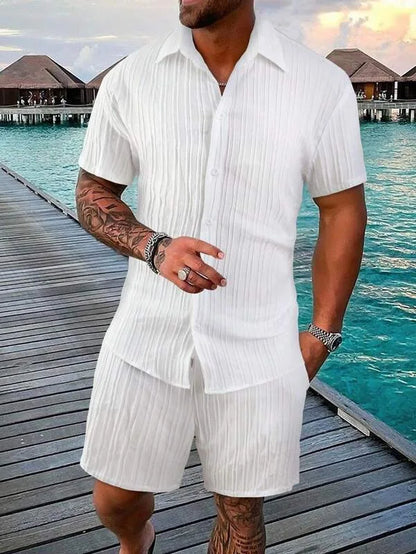 Completo estivo da uomo europeo e americano, casual, ampio, con camicia e pantaloncini, ad asciugatura rapida e traspirante, perfetto per le vacanze.