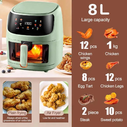 Nuova friggitrice ad aria ad alta capacità in acciaio inossidabile da 8 litri, forno elettrico domestico visivo, multifunzionale, senza olio, per la casa, nero, bianco e verde