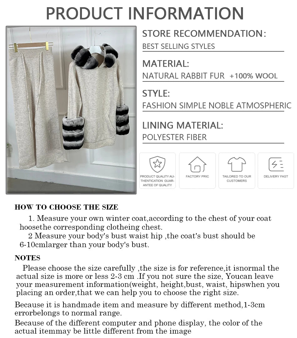Maglione in cashmere da donna con polsini in vera pelliccia di coniglio, abito invernale caldo in lana, maglione di lusso in pelliccia di coniglio naturale