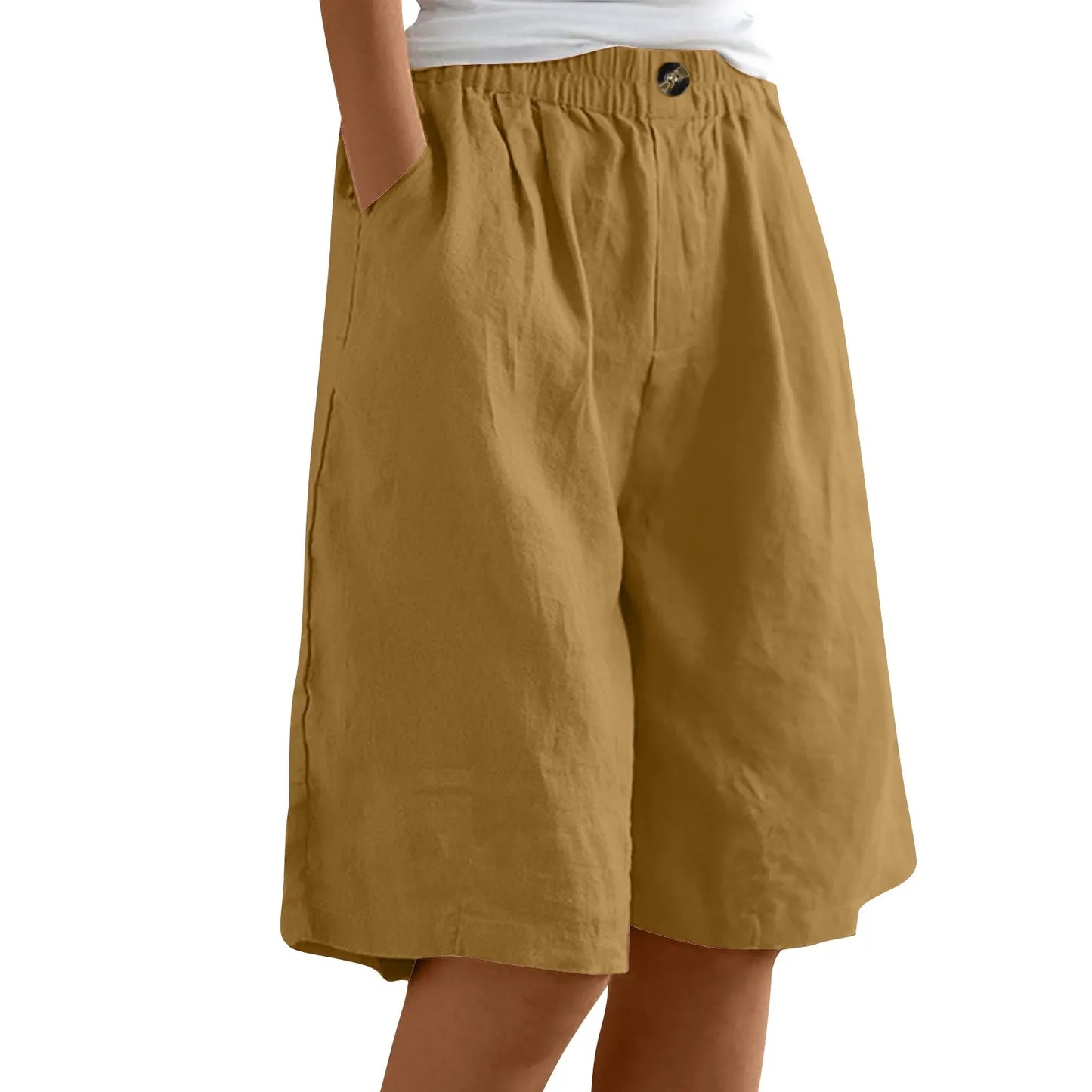 Female Fashion Solid Color Elastic High Waist Pocket Button Up Loose Cotton Linen Five Length Shorts Summer Soft Comfort Pants