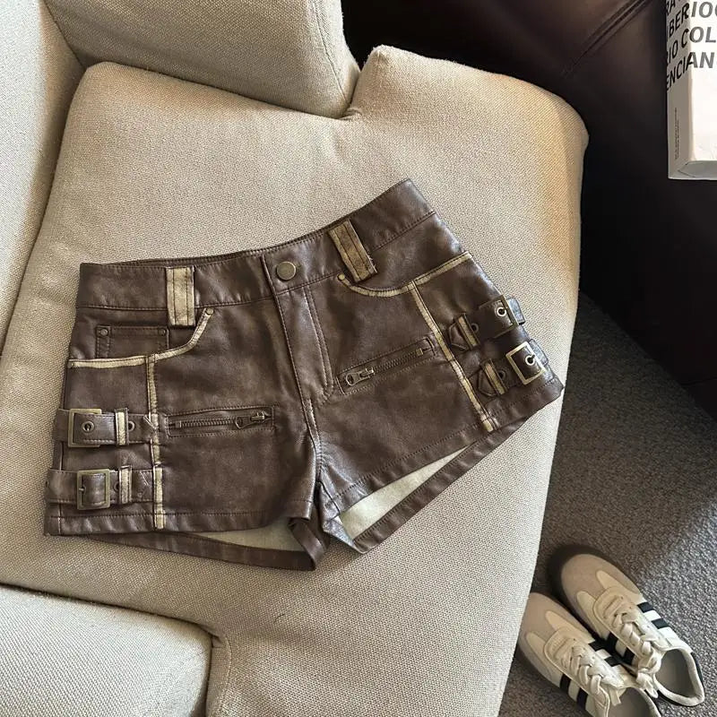 Women's Y2k Hot Girl Low Waist Pu Leather Shorts Lady Streetwear Faux Leather Slim Short Pants