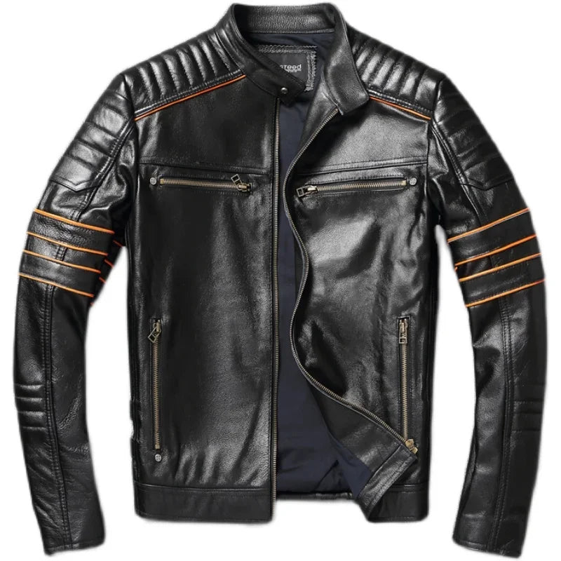 Giacca da motociclista slim oversize da uomo in pelle bovina con ricamo a teschio, modello 2023, primo strato.