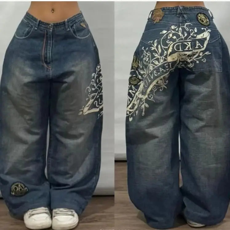 2024 New American Trend Retro Hip-hop Embroidery Pattern Baggy Jeans For Men And Women Y2K Harajuku Gothic Wide Pants Streetwear