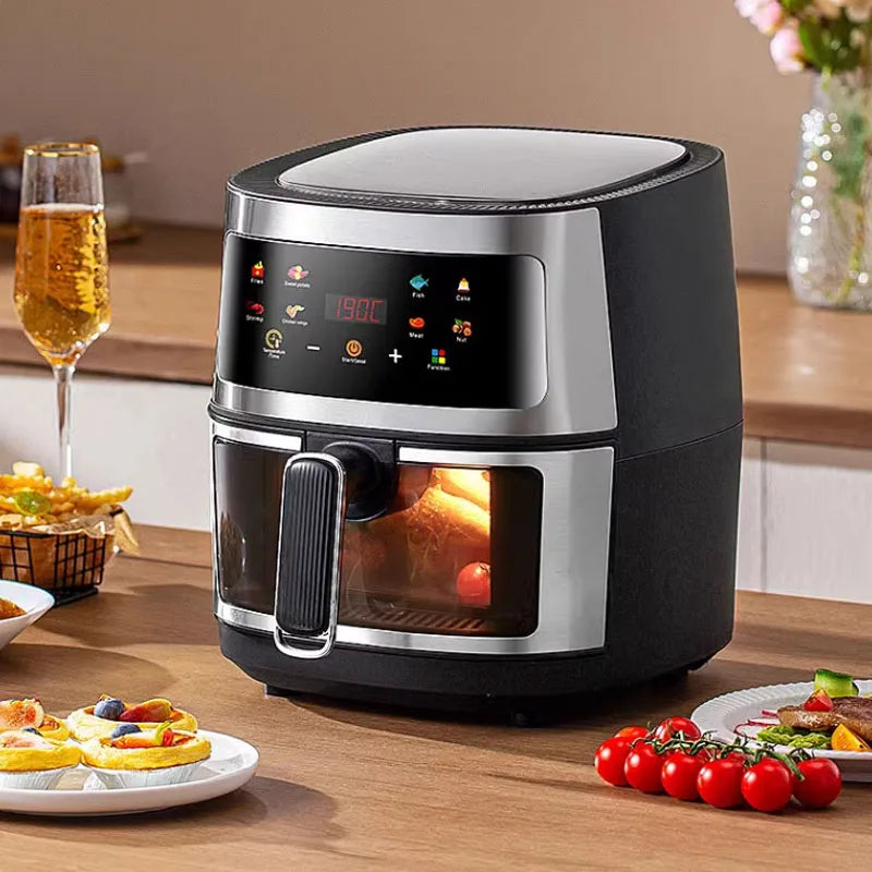 Nuova friggitrice ad aria ad alta capacità in acciaio inossidabile da 8 litri, forno elettrico domestico visivo, multifunzionale, senza olio, per la casa, nero, bianco e verde