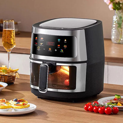 Nuova friggitrice ad aria ad alta capacità in acciaio inossidabile da 8 litri, forno elettrico domestico visivo, multifunzionale, senza olio, per la casa, nero, bianco e verde