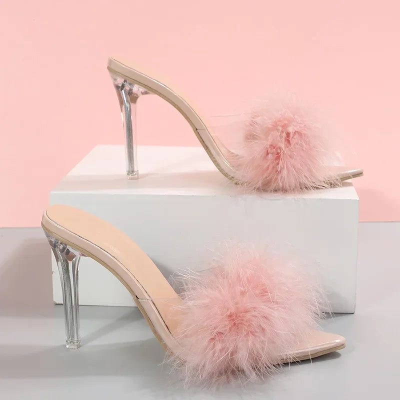 Pantofole da donna 2024, rosa con piume, punta aperta, pantofole a punta, sexy, slip-on, ciabatte con tacco trasparente, tacco sottile, calzature estive da donna