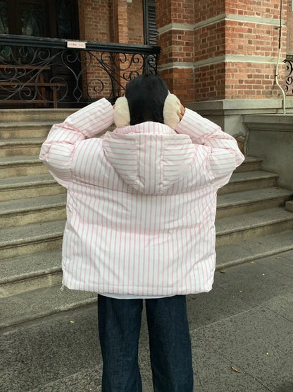Overcoat 2025 Parkas Fashion Temperament Striped Warm Hooded Women's Quilted Cotton Coat Winter Loose Casual Women Cotton Coat