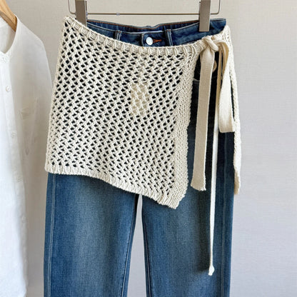 2025 Hollow out Knitted Mini Skirt with Belt Design Covering Hip Women's Layered Fashion Short Skirt Fresh Sweet Style