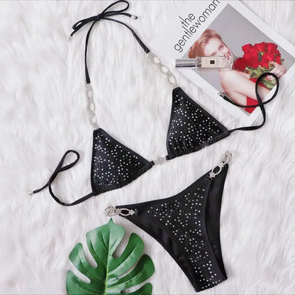 Bikini sexy da donna in 6 colori con strass cavi e allacciatura a catena, set bikini da spiaggia di lusso.
