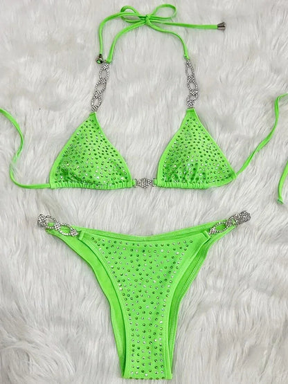 6 Colors Sexy Bikini Women Hollow Rhinestones Chain Halter Swimwear Swimsuit Bikinis Set Bathing Suit Beach Bikini Luxe Female
