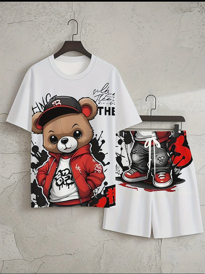 Completo estivo da uomo con t-shirt girocollo e pantaloncini, morbido e traspirante, con stampa orsacchiotto, ideale per attività all'aperto e tempo libero.