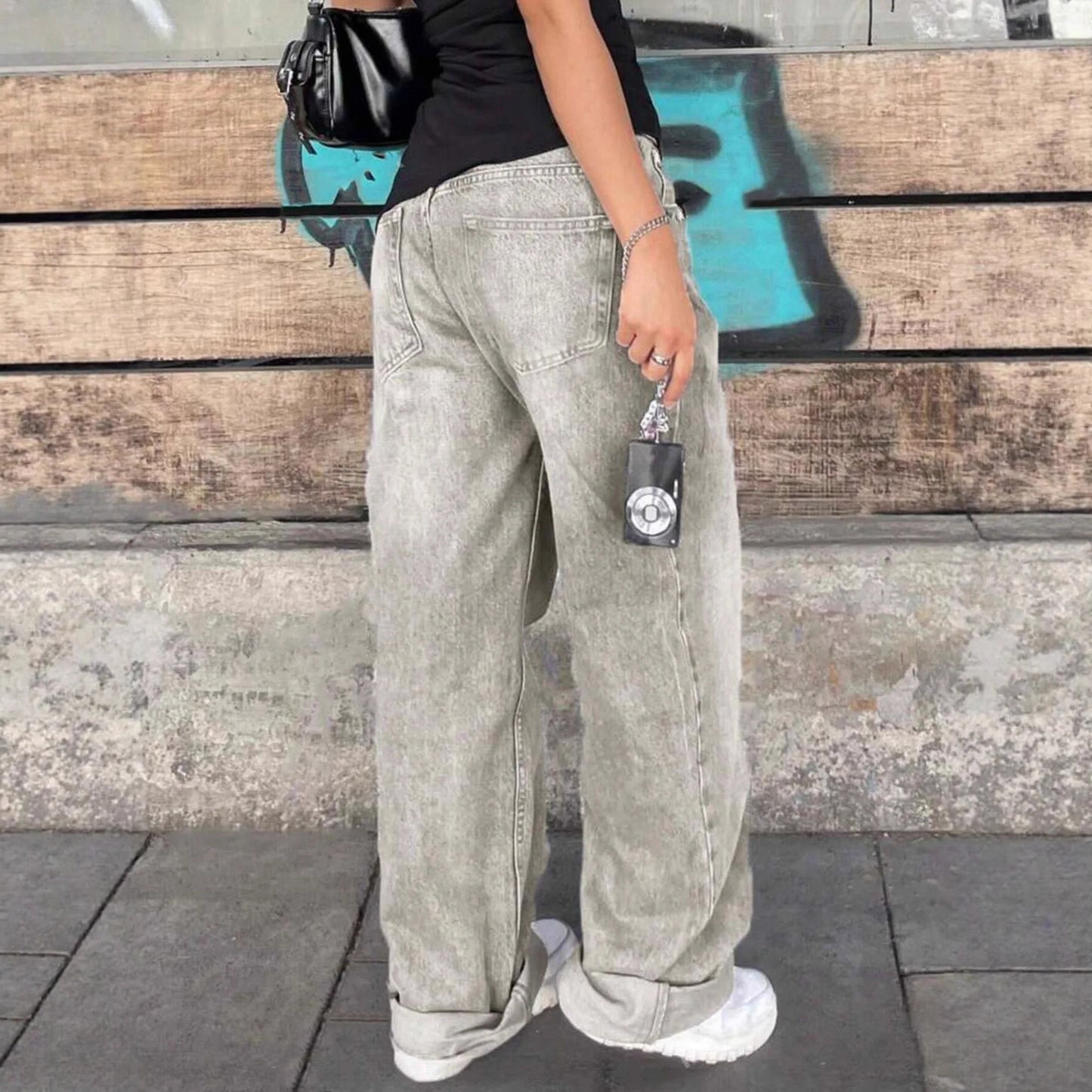 Retro High Street Light Grey Denim Pants Women's High Waist Loose Slim Wide Leg Straight Cut Trousers Artistic Vintage Style