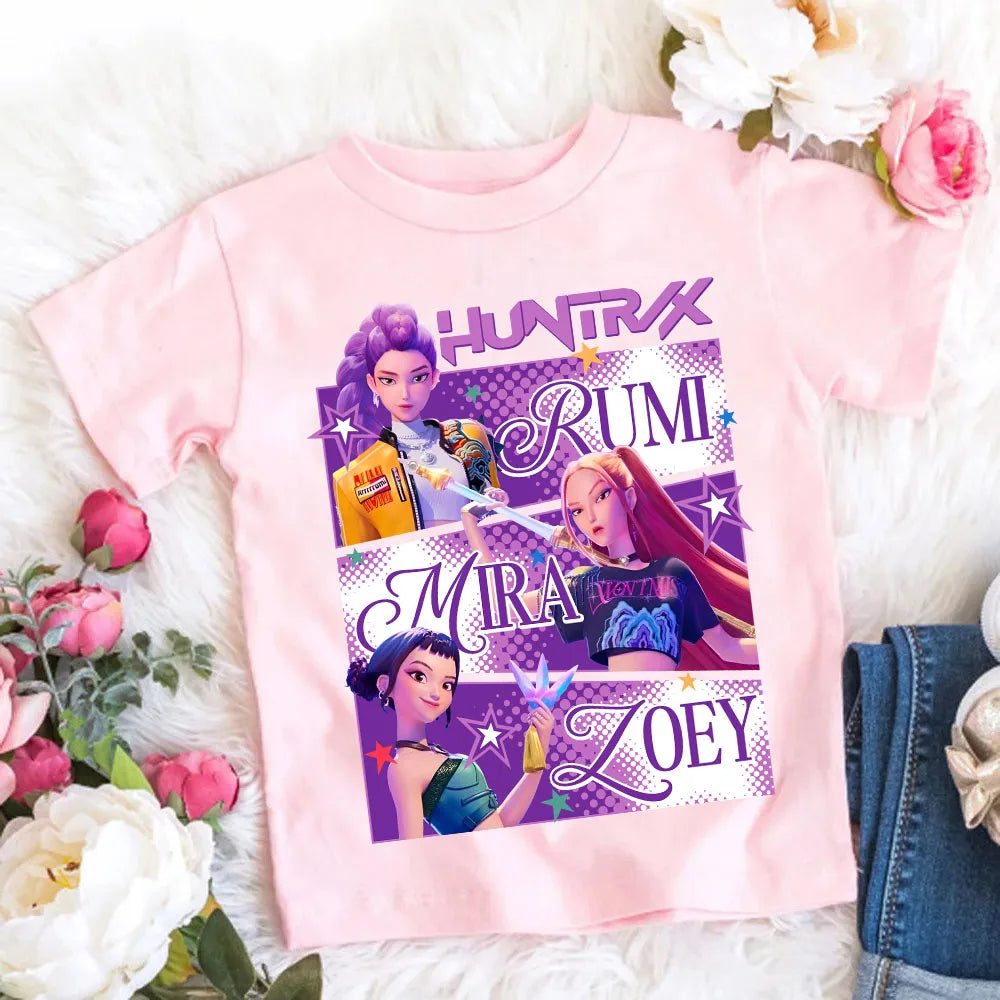 2026 Maglietta per bambine in morbido cotone con stampa del film KPop Demon Hunters - Regali per i fan - Abbigliamento per bambini - Top casual alla moda