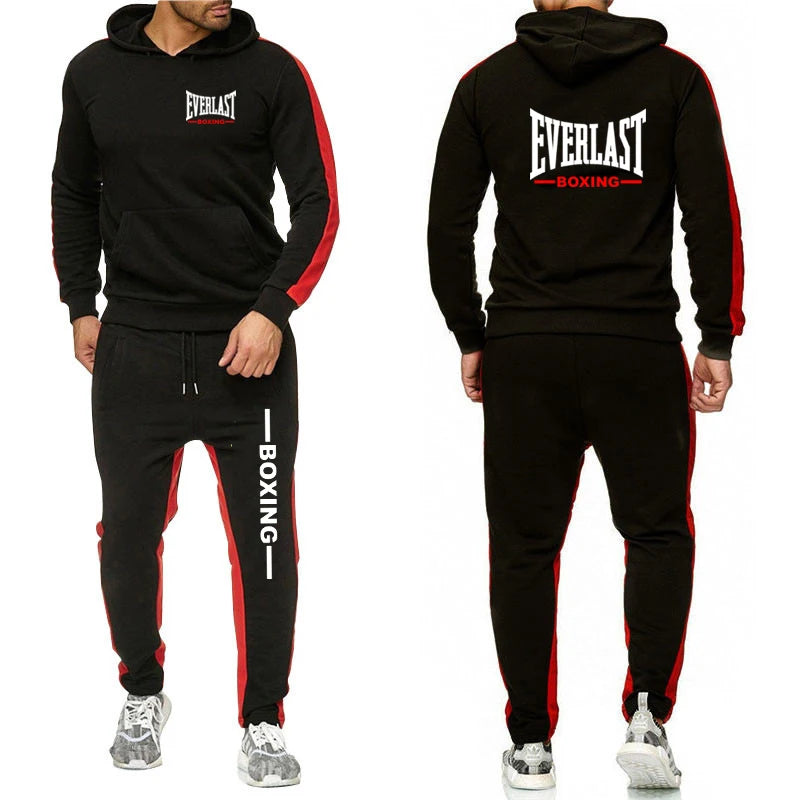 Completo sportivo casual da uomo Everlast 2025, tinta unita, due pezzi, ideale per attività all'aperto: pantaloni della tuta e felpa con cappuccio. Moda e comfort.