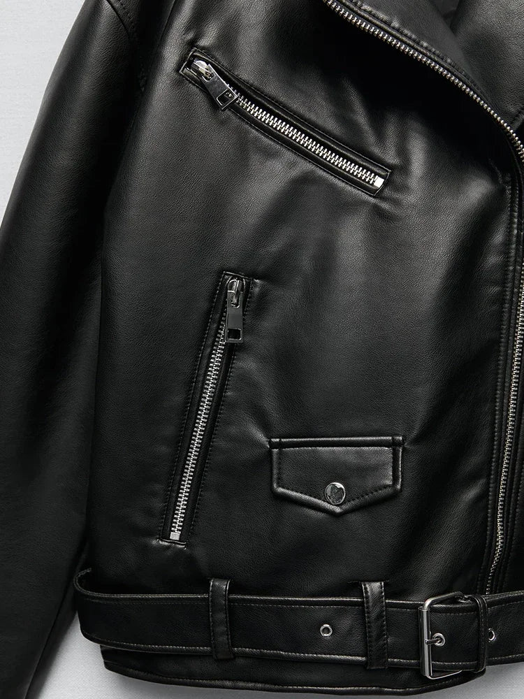 Women Loose Motorcycle Biker Black Pu Faux Leather Jacket with Belt Spring Autumn Female Zipper Coat Outwear 2025